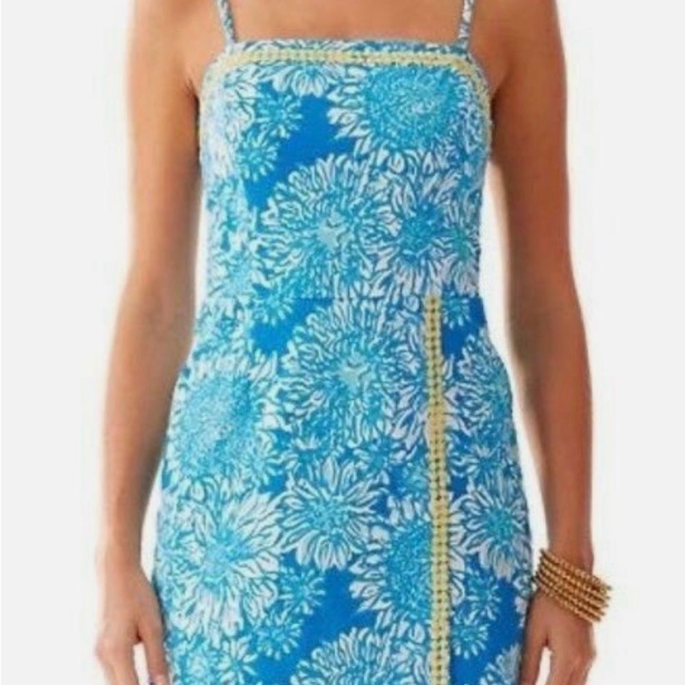 Lilly Pulitzer Lion In Sun Ariel  Blue White Floral Mini Dress  with Yellow Trim